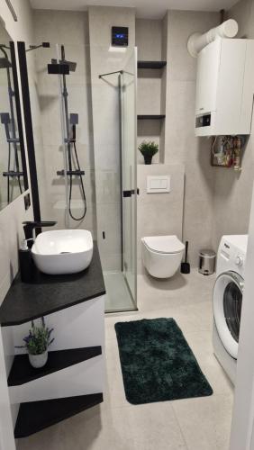 een badkamer met een wastafel, een toilet en een douche bij Apartament Gimnazjalna Prestige in Końskie