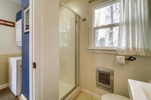 een badkamer met een douche, een wastafel en een raam bij Mountain Cabin with Deck Less Than 1 Mile to Ski Resort! in Soda Springs