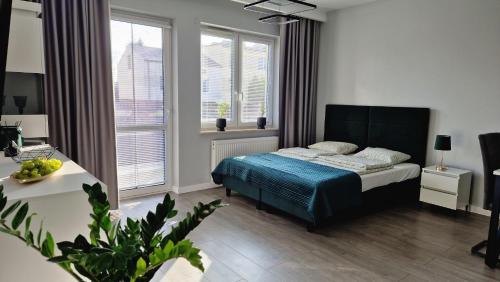 a bedroom with a bed with blue sheets and windows at Apartament Gimnazjalna Prestige in Końskie