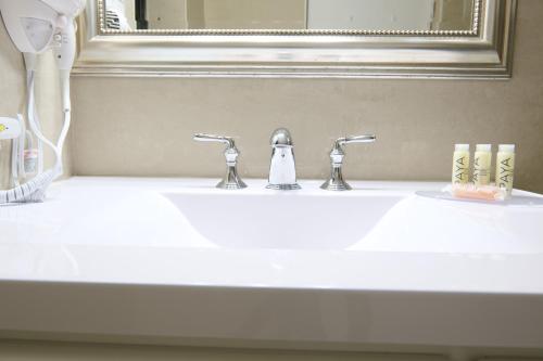 a bathroom sink with two faucets and a mirror at Sandpiper Apartments in Mount Pleasant