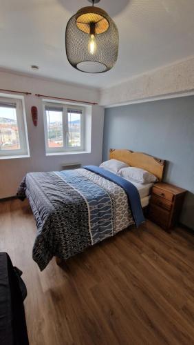 a bedroom with a bed with a blue comforter and two windows at Studio proche gare Chateaucreux in Saint-Étienne
