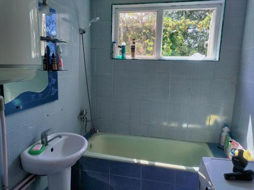 uma casa de banho com uma banheira verde e um lavatório em Sofia's hotel 