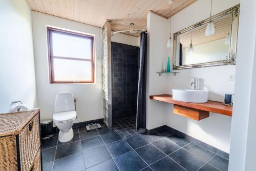 a bathroom with a toilet and a sink at Vidunderlig fritidshus ved Skov og Golfbane in Skjern