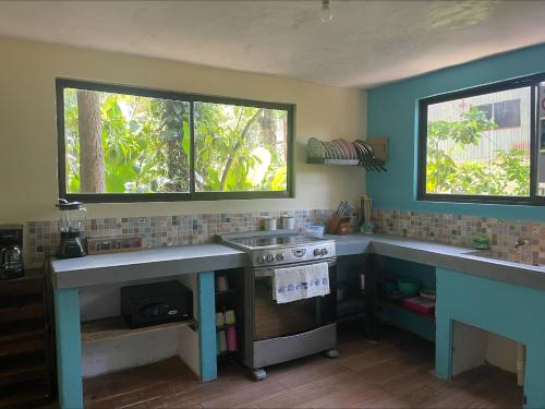 Casa Jaguar Tortuguero في تورتوجويرو: مطبخ مع موقد و نافذتين