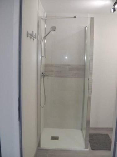 une douche avec une porte vitrée dans une salle de bain dans l'établissement Studio proche sortie autoroute, à Noaillac