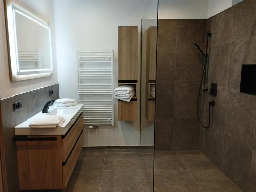 a bathroom with a shower and a sink and a glass shower stall at Appartement Lisi`s Dahoam in Achenkirch