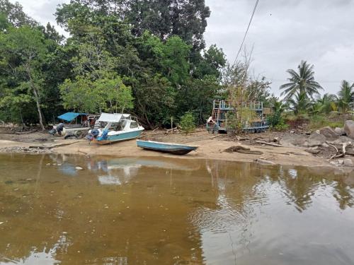 a boat sitting on the shore of a river at The BoatBnB in Kampong Pandan