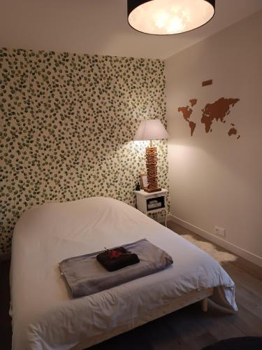 Schlafzimmer mit einem Bett mit gemusterter Wand in der Unterkunft Elise cornu in Mantry