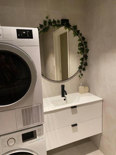 y baño con lavabo y lavadora. en Cozy and newly renovated appartment en Kristiansand