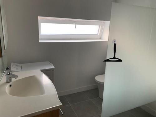 une salle de bain blanche avec un lavabo et des toilettes dans l'établissement chambres chez Peggynette, à Taisnières-sur-Hon