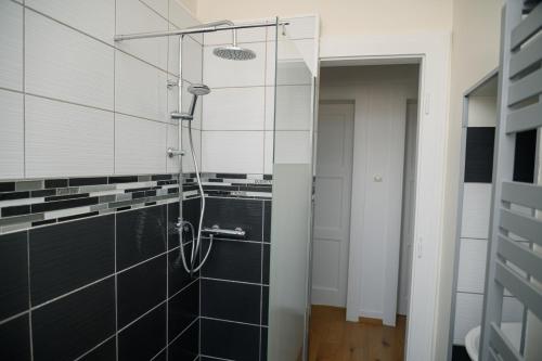 een glazen douche in de badkamer met zwarte tegels bij Christophe in Basse-Yutz