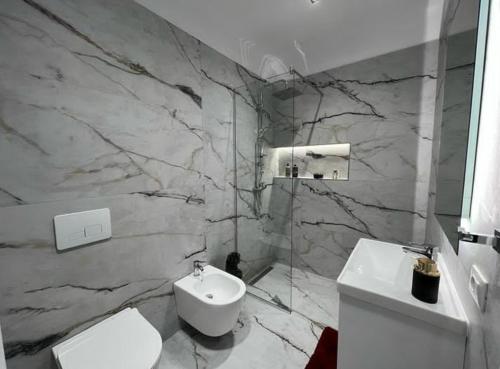 コルチャにあるKorca Destination Apartmentの白いトイレと洗面台のあるバスルーム