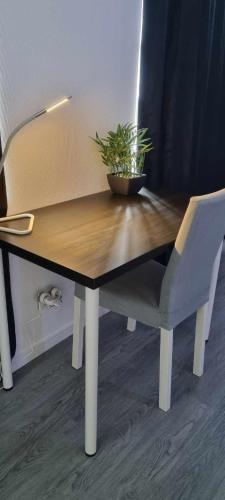 une table en bois avec une plante en pot au-dessus dans l'établissement Appartement RGB, à Rouen
