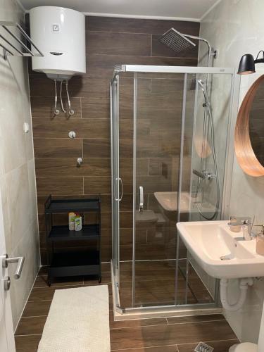 a bathroom with a shower and a sink at Apartment M in Jahorina