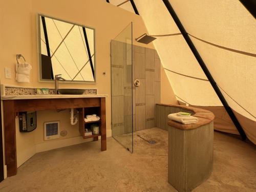 a bathroom with a shower and a sink and a mirror at Bluff Dwellings Resort in Bluff