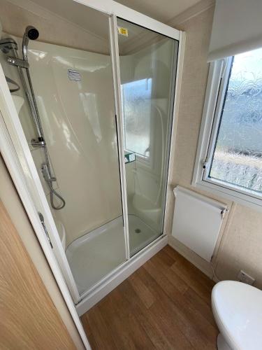 a shower in a bathroom with a toilet and a window at Serendipity Caravan Hire in Chapel Saint Leonards