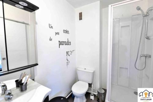 uma casa de banho com um chuveiro, um WC e um lavatório. em Pépite Briochine Seh’Loué em Saint-Brieuc