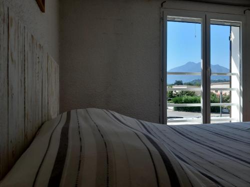 Ce lit se trouve dans un dortoir offrant une vue sur l'océan. dans l'établissement Villa, maison bord de mer climatisée, à Poggio-Mezzana