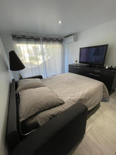 a bedroom with a bed and a flat screen tv at Résidence du Temple in Martigues