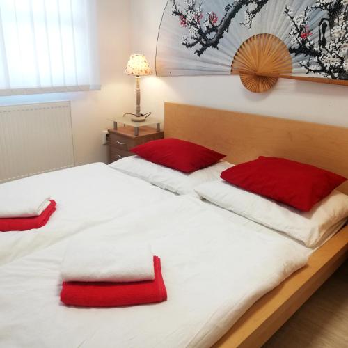 a bedroom with two beds with red pillows on them at Guest House Factory in Malacky