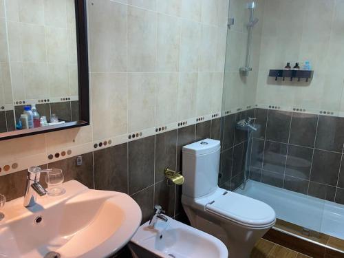 La salle de bains est pourvue d'un lavabo, de toilettes et d'une douche. dans l'établissement Luxueux VILLA avec jardin et vue panoramique, à Tetouan