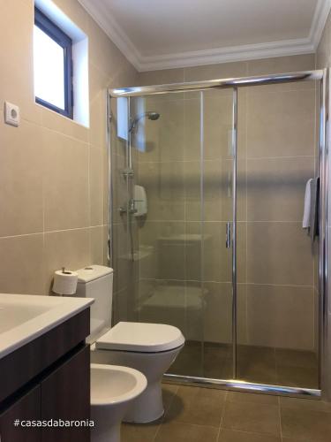 a bathroom with a shower and a toilet and a sink at casas da Baronia casa Catarina in Vila Nova da Baronia