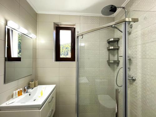 a bathroom with a shower and a sink and a mirror at Mountain River Loft in Buşteni