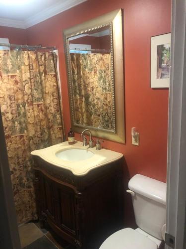 La salle de bains est pourvue d'un lavabo, de toilettes et d'un miroir. dans l'établissement Lovely home near Stowe, shopping and trails, à Morristown