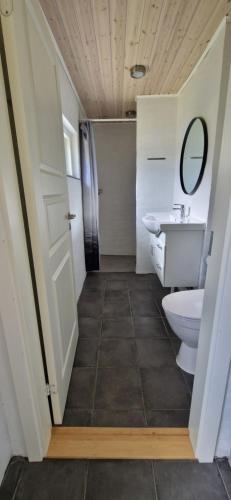 uma casa de banho com um WC, um lavatório e um espelho. em Brinken at Ry em Ry