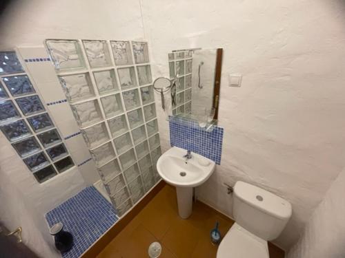 a bathroom with a toilet and a sink and a shower at La Casa Palmera - Caminito Del Rey in Pizarra