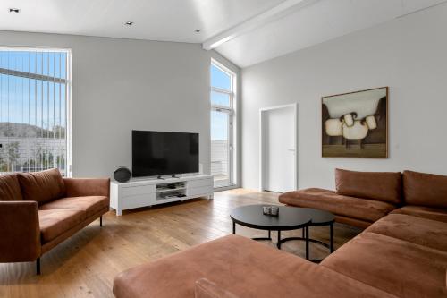 sala de estar con sofá y TV en Luxury Villa with River View, en Laugaras