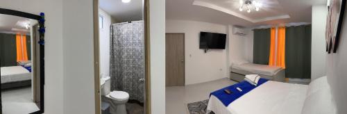 two views of a hotel room with a bed and a bathroom at Hotel Boutique Al-Basit in Cartagena de Indias
