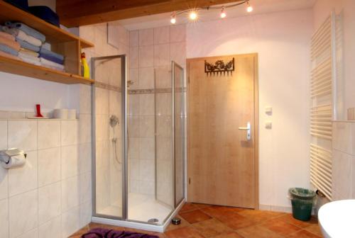 a shower with a glass door in a bathroom at Fluchthäusl in Berchtesgaden
