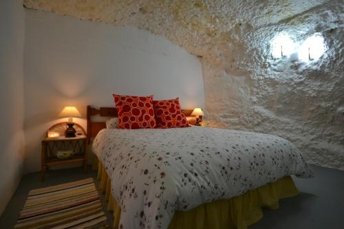 a bedroom with a bed in a stone wall at Mirador del Gallego in Santa Maria de Guia de Gran Canaria