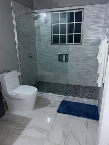 a white bathroom with a shower and a toilet at Oak Villa Montego Bay2 King Room in Montego Bay