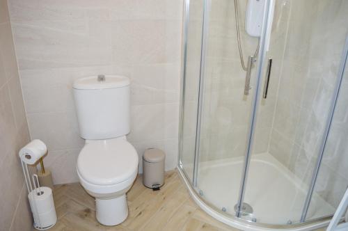 a bathroom with a toilet and a glass shower at Cuilcagh Croft - Fermanagh Lakelands in Enniskillen