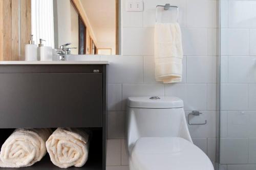 a bathroom with a toilet and a sink with towels at Duerme y despierta en el Mar in Curanipe