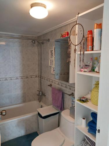 W łazience znajduje się toaleta, wanna i umywalka. w obiekcie Habitacion privada en apartamento compartido w mieście Santo Domingo
