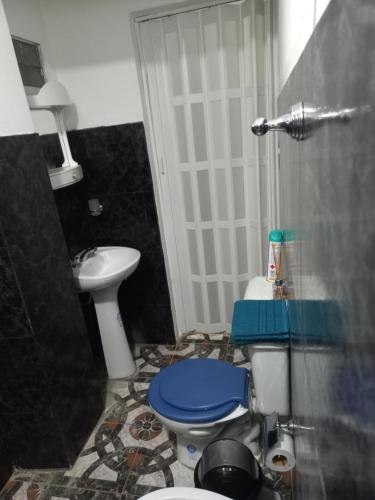 a bathroom with a blue toilet and a sink at Mi cielo in Santa María