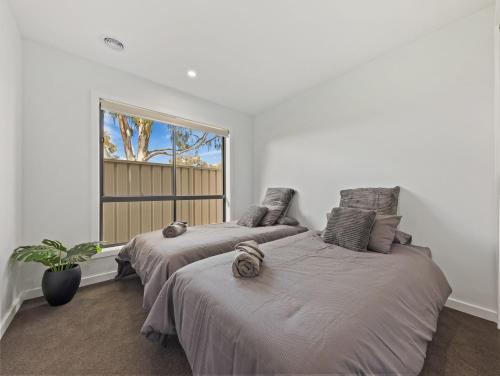 two beds in a room with a window at Rosella Retreat in Yarrawonga