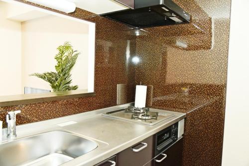 a kitchen with a sink and a mirror at Sun Court Hondori Garden Hills in Tsukisappu