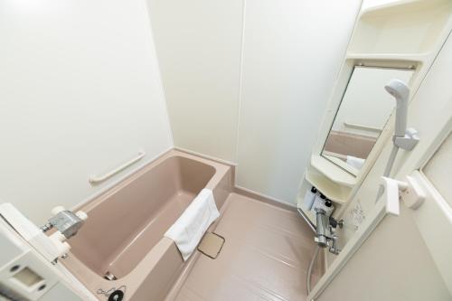 a bathroom with a sink and a mirror at HONGO 11 HOTEL in Tsukisappu