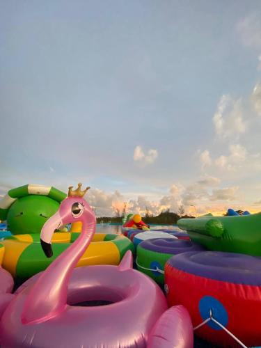 un montón de inflables están alineados en la playa en Fun Splash Tuaran, en Tuaran
