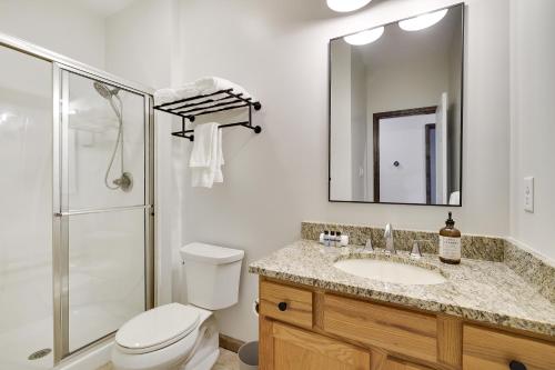 uma casa de banho com um WC, um lavatório e um chuveiro em The Oasis at Arrowhead em Arrowhead Lake
