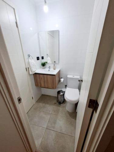 a bathroom with a toilet and a sink and a mirror at Comodo Dpto. 4to piso - 2P/2B Excelente Conectividad/Buen Sector - Brisas Del Sol in Talcahuano