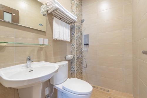 a bathroom with a toilet and a sink and a shower at 花蓮民宿日光漫旅-近東大門夜市 免費停車場 in Hualien City