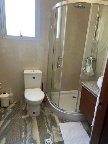 ein Bad mit einem WC und einer Glasdusche in der Unterkunft Elegante Departamento in La Paz