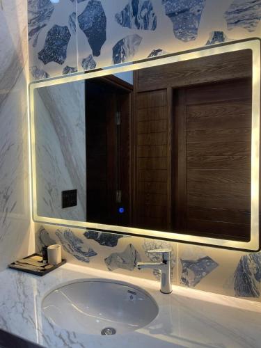 Green Bay Luxury Villa Sonase Vân Đồn : حمام مع حوض ومرآة كبيرة
