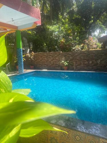 a blue swimming pool with an umbrella next to it at La Gabriell beach inn in Calangute