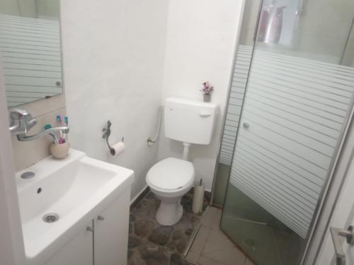 Baño blanco con aseo y lavamanos en דירת שי en Rishon LeẔiyyon